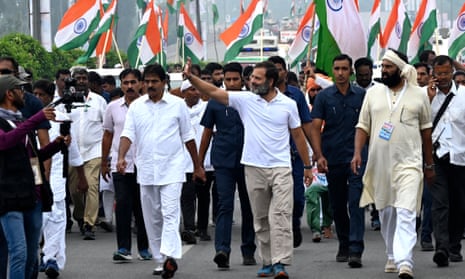 Rahul Gandhi marches in the Bharat Jodo Yatra on the outskirts of Hyderabad in November 2022