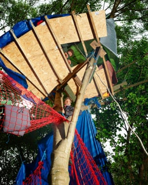 Putting down roots: Seb and Larch Maxey in their treehouse in Colne Valley.