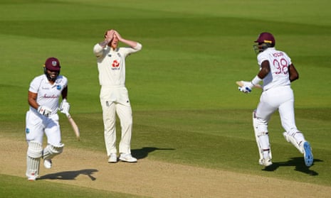 Ben Stokes reacts as John Campbell and Jason Holder pick up a run on their way to victory