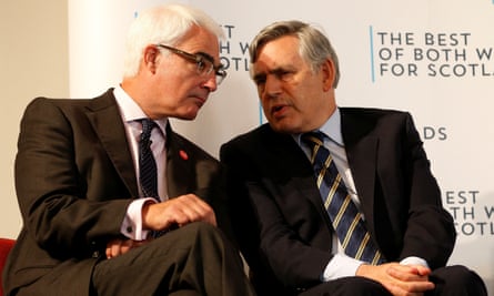 Alistair Darling, leader of the campaign to keep Scotland part of the United Kingdom, talking to the prime minister Gordon Brown before a Better Together rally in Dundee, 2014.