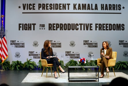 Actor Sophia Bush and Harris speak during a conversation as part of Harris’s ‘Fight for Reproductive Freedoms’ tour in San Jose, California, on 29 January.