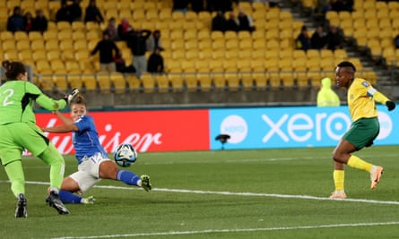 South Africa’s Thembi Kgatlana scores their third goal in the World Cup win over Italy