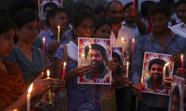 Dalit activists hold a candlelit vigil for Indian student Rohith Chakravarti Vemula
