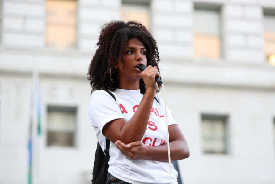 Tianna Arata speaks at a Black Lives Matter protest in Los Angeles.