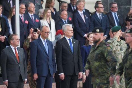 German Chancellor Friedrich Merz visits LithuaniaLithuanian President Gitanas Nauseda, Lithuanian Defence Minister Dovile Sakaliene, German Chancellor Friedrich Merz and German Defence Minister Boris Pistorius look on during the inauguration of the German 45th Armored Brigade "Lietuva" in Vilnius, Lithuania.
