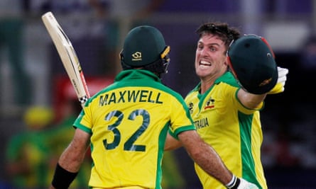 MitchMarsh and Glenn Maxwell celebrate Australia’s win in the 2021 final.