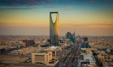 Sunset over Riyadh, with the evening light reflecting off the Kingdom Centre.