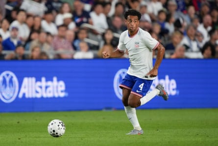 Tyler Adams #4 of the United States looks for an open teammate during an international friendly game between Japan and USMNT at Lower.com Field on September 9, 2025 in Columbus, Ohio.