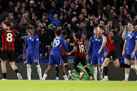 Chelsea players are aghast as Justin Kluivert and his Bournemouth teammates celebrate their equaliser.