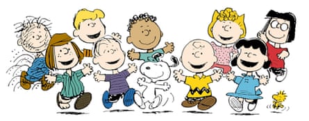 Peanuts characters (from left) Pigpen, Peppermint Patty, Schroeder (back) Linus, Franklin (back) Snoopy, Charlie Brown, Sally (back) Lucy, Marcie and Woodstock