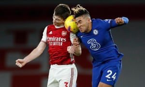 Chelsea’s Reece James and Arsenal’s Kieran Tierney Pool go up for a header.