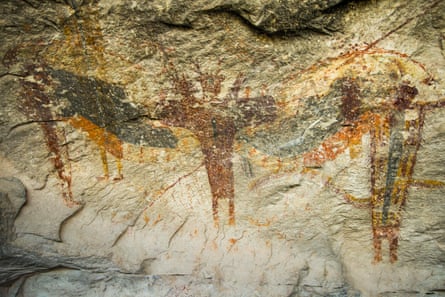 Pictographs drawn on a cave wall.