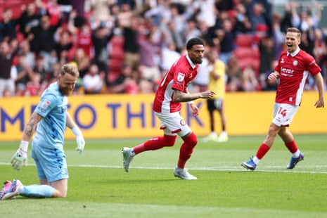 Delano Burgzorg of Bristol celebrates after scoring the opening goal against Stoke City.