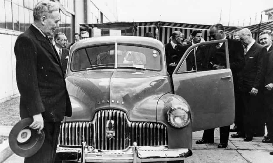Ben Chifley, then Australian prime minister, at the 1948 launch of ‘Australia’s own car’, the General Motors Holden 48-215 (often referred to as the Holden FX). General Motors says it will ‘retire’ the Holden brand by 2021.