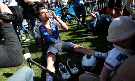 Yves Lampaert after the finish line, having recovered from his heavy fall.