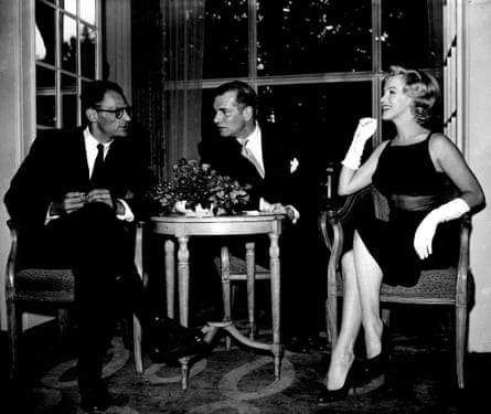 Arthur Miller, Laurence Olivier and Marilyn Monroe at the Savoy hotel in London in 1956.
