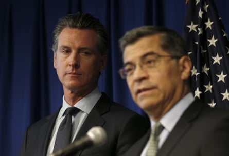 California attorney general Xavier Becerra, right, will be leaving his post with a year of his term left, which Governor Gavin Newsom will have to fill.
