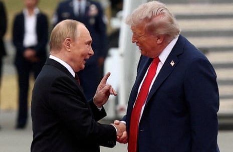 Donald Trump shakes hand with Vladimir Putin as they met in Anchorage, Alaska, in August 2025.