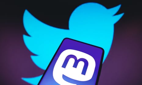 Mastodon logo against a Twitter logo background