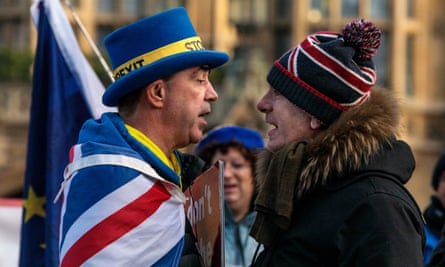 High tension … anti and pro-Brexit supporters square up outside the Houses of Parliament in January.