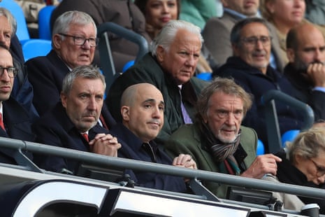 Former Manchester United manager Sir Alex Ferguson with Jason Wilcox, Omar Berrada and Sir Jim Ratcliffe
