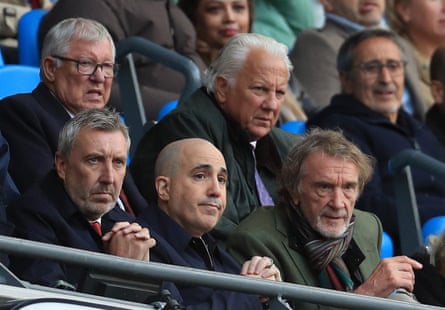 Sir Alex Ferguson behind Jason Wilcox, next to Omar Berrada and then Sir Jim Ratcliffe, during Manchester United’s 3-0 defeat at City on 14 September
