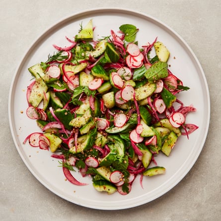 Yotam Ottolenghi’s smacked cucumber salad with sumac, onion and radishes.
