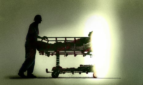 Conceptual illustration of a nurse pushing a patient into light symbolising assisted dying.