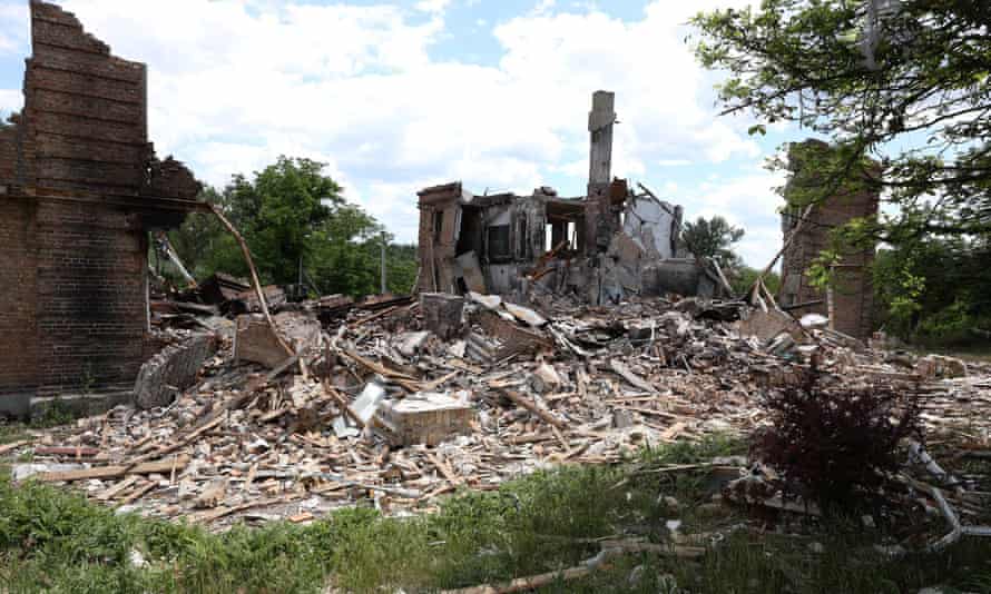 A photo taken on June 17, 2022, shows a destroyed school in the village of Bilogorivka not far from Lysychansk, Lugansk region, amid the Russian invasion of Ukraine.