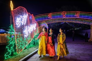 Pyongyang, North Korea. People visit a light festival to celebrate the 110th birth anniversary of the late North Korean leader Kim Il-sung in the city square that bears his name