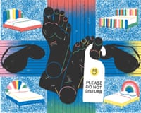 Graphic illustration in rainbow colors of multiple beds and feet crossed at the ankles with a Do Not Disturb sign hanging from a toe.