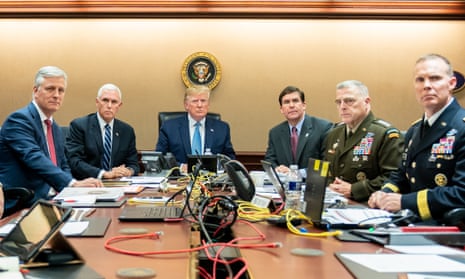 Trump in the Situation Room in 2019 with Robert O’Brien, Mike Pence, Mark Esper, Gen Mark Milley and Brig Gen Marcus Evans. Milley was ‘stunned’ by Trump’s 2020 proposal, Esper writes.