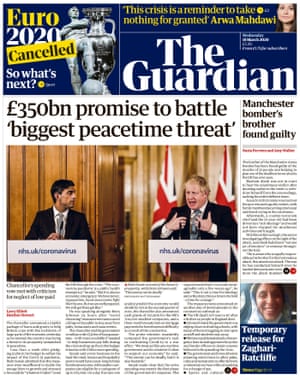Guardian front page, Wednesday 18 March 2020