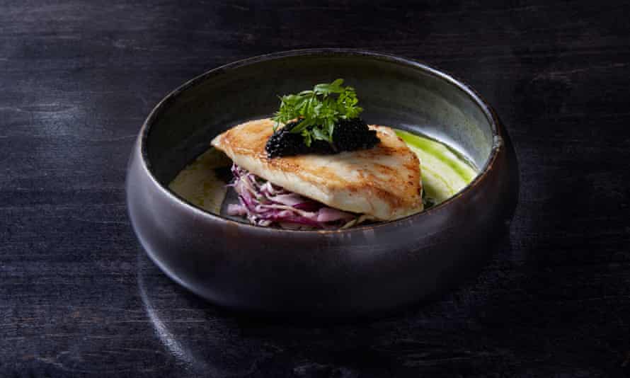 “A good dish that fights excess”: turbot, smoked eel sauerkraut, champagne velouté and caviar.