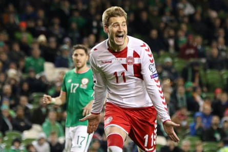 Bendtner celebrates after scoring Denmark’s fifth goal in their World Cup play-off against the Republic of Ireland. The 5-1 victory sealed Denmark’s place in the 2018 finals in Russia.