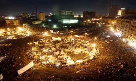 Cairo’s Tahrir Square listens to President Hosni Mubarak address the nation on 10 February 2011. He resigned the following day. 