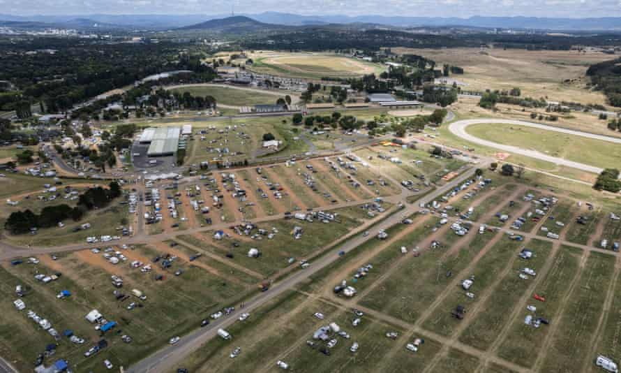 A reduced number of anti-vaccination mandate protesters are seen camped at the Canberra showgrounds on Sunday 13 February