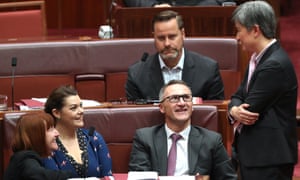 Labor’s leader in the Senate, Penny Wong, talks to Greens senators during the debate on the $144bn tax cuts package. 