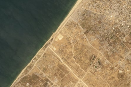 This satellite picture taken by Planet Labs PBC shows the construction of the new aid port near Gaza City