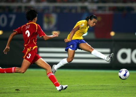 The Brazil legend Marta, right, scores against China at the 2007 World Cup.