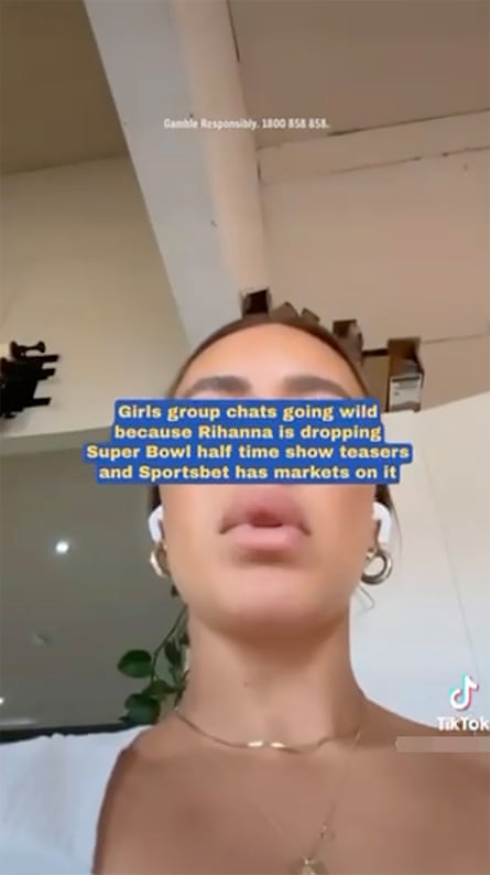 Screenshot of a TikTok video promoting gambling with a text caption over a woman’s face