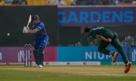 Pakistan’s Haris Rauf (right) bowls to England’s Jonathan Bairstow.