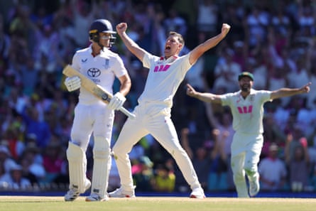 Beau Webster celebrates after taking the wicket of Will Jacks in Sydney