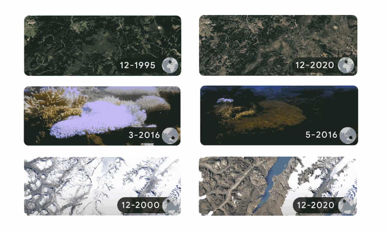 Images of deforestation of the Harz forests in Germany,  coral bleaching on the Great Barrier Reef in Australia and glacial melt in Sermersooq, Greenland appear as the Earth Day 2002 Google doodle.