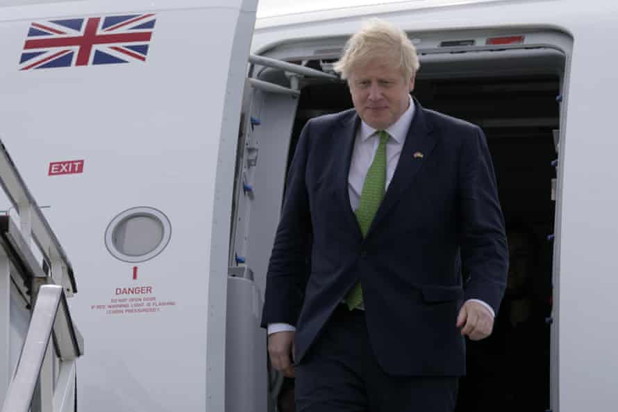 Boris Johnson leaving his plane after arriving at Stockholm this morning. He is on a one-day visit to Sweden and Finland.