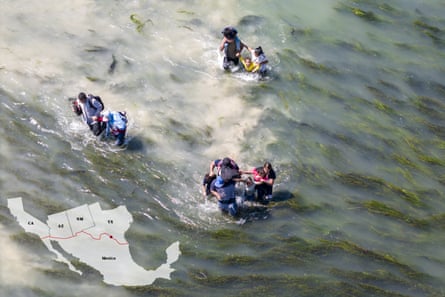 aerial view of people wading through river with map of us border states and mexico overlaid