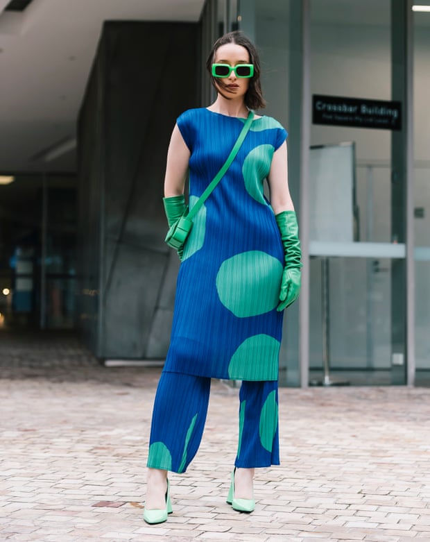 A Melbourne fashion festival attendee wears an outfit by local label Gorman in a style reminiscent of Issey Miyake's designs. (Photo by Naomi Rahim/WireImage)