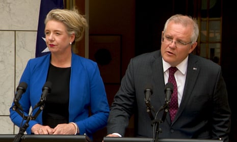 Bridget McKenzie and Scott Morrison at a press conference. The former sports minister denies altering grants after parliament was prorogued. 