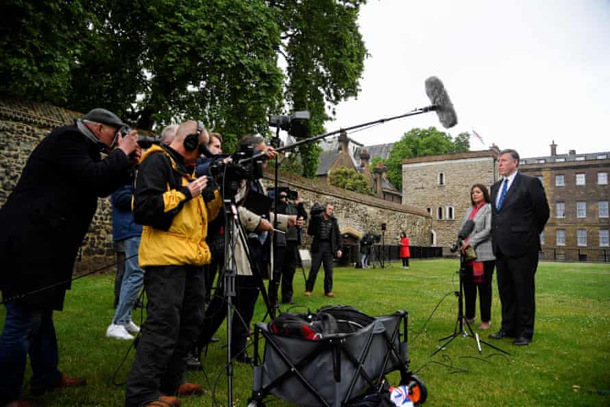 Sir Graham Brady speaking to members of the media outside the Houses of Parliament earlier following his announcement that a no-confidence vote in Boris Johnson as Tory leader will take place tonight.