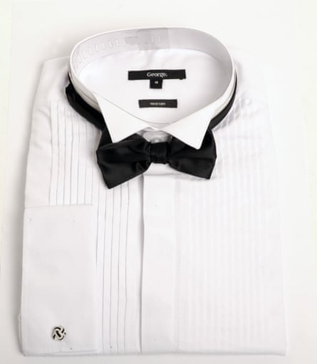a white dinner dress shirt and black bow tie